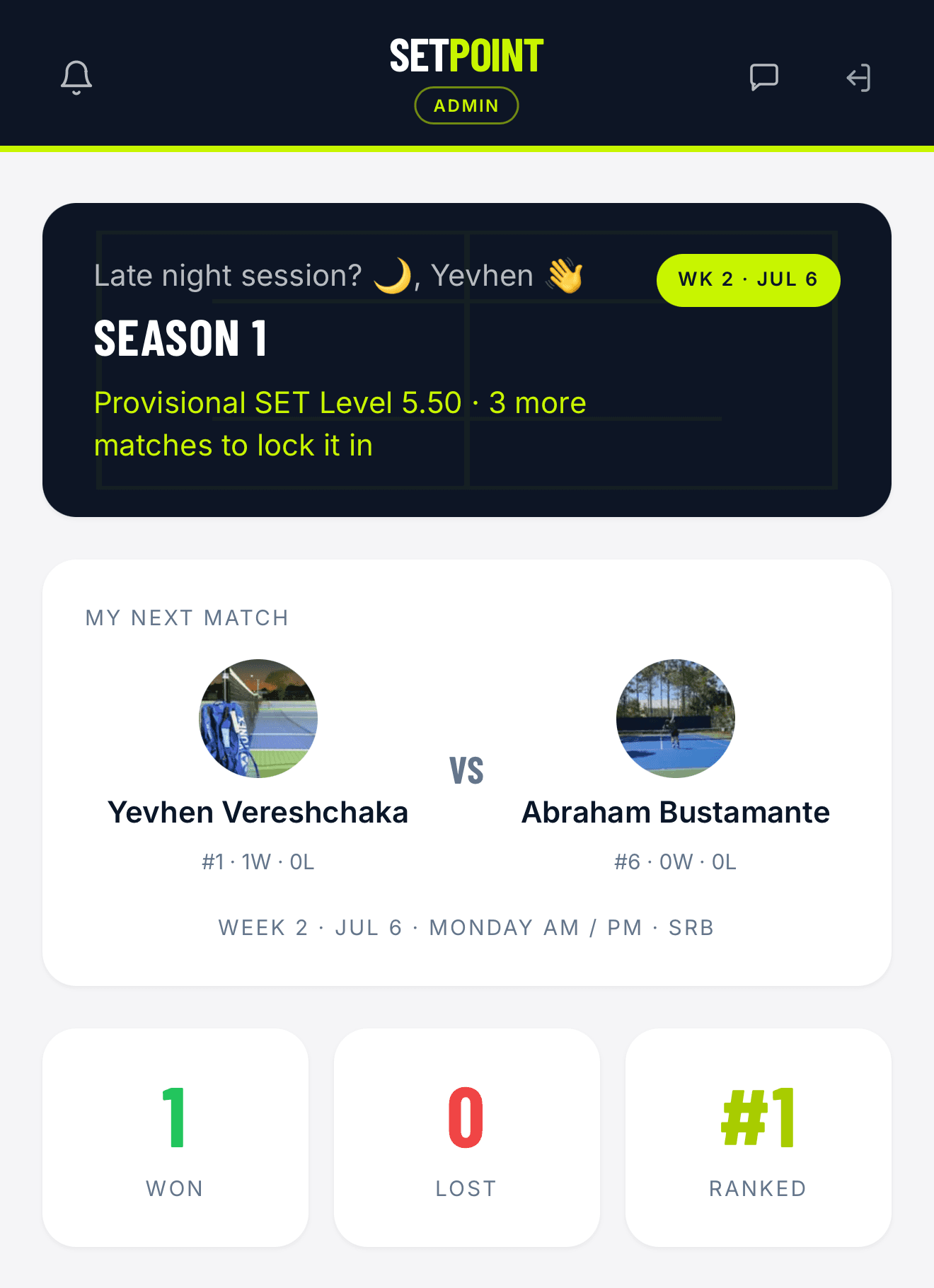 Setpoint app — your season, next match, and live standings
