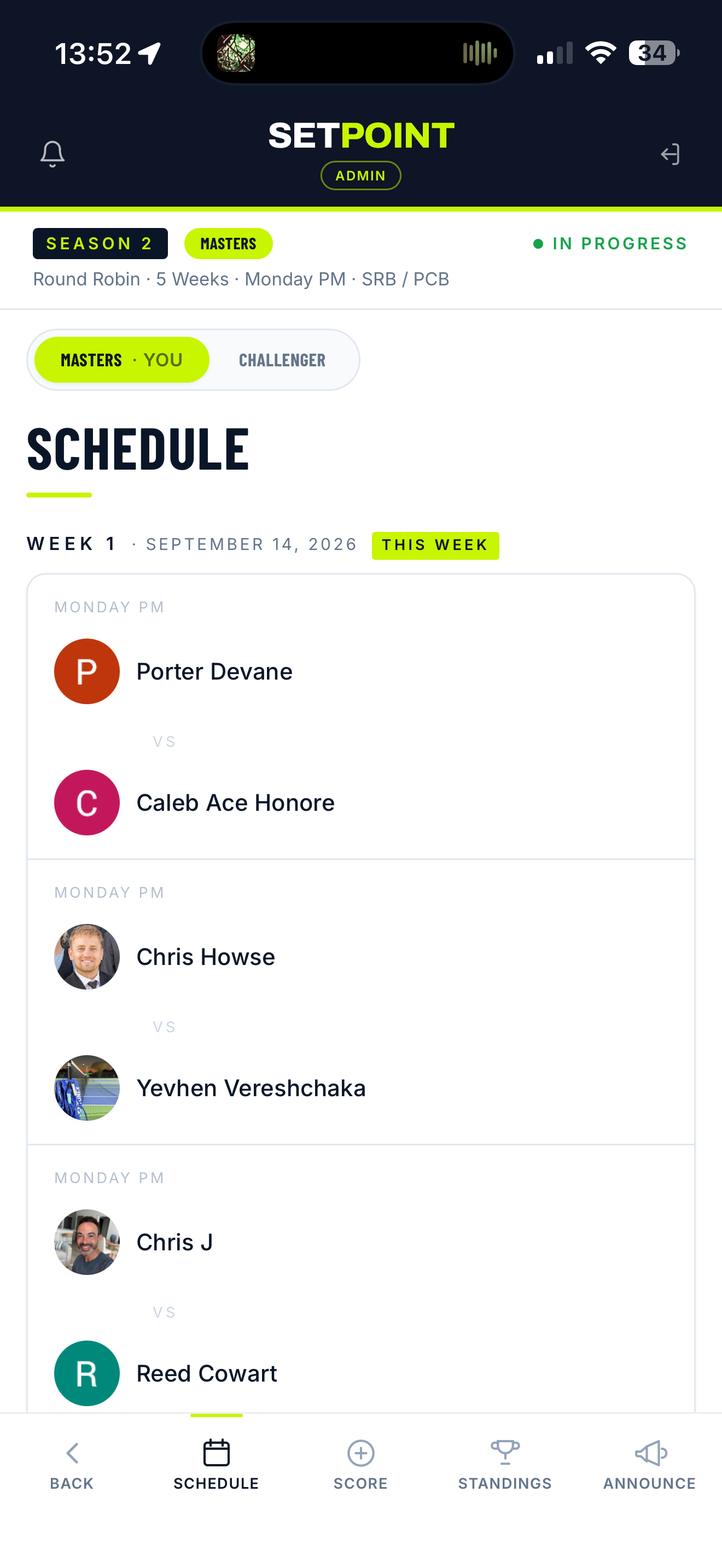 Setpoint schedule screen — the full season laid out week by week